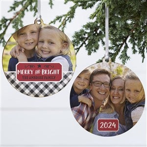 Farmhouse Christmas Buffalo Plaid Photo Ornament - 2 Sided Wood