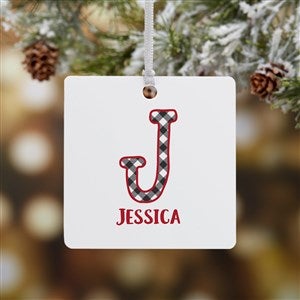 Farmhouse Christmas Buffalo Plaid Monogram Metal Ornament