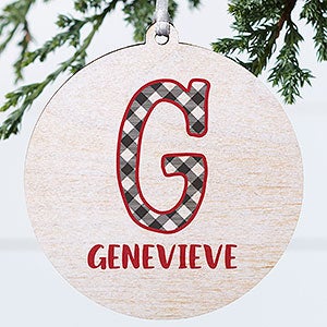 Farmhouse Christmas Buffalo Plaid Monogram Wood Ornament
