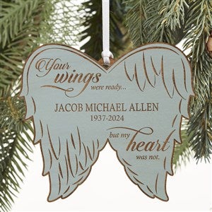 Personalized Angel Wings Memorial Blue Wood Ornament