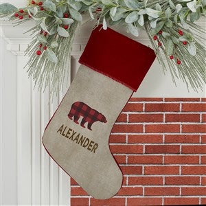 Cozy Cabin Buffalo Check Personalized Burgundy Christmas Stockings - #21844-B