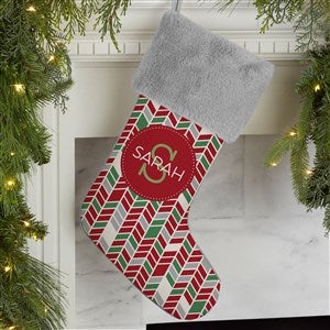 Geometric Pattern Personalized Grey Faux Fur Christmas Stockings