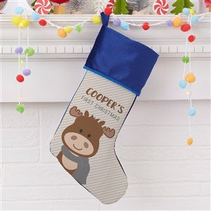 Baby Moose Personalized First Christmas Blue Stocking