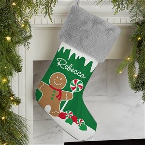 Gingerbread Characters Personalized Grey Faux Fur Christmas Stockings