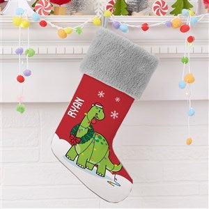 Dinosaur Personalized Grey Faux Fur Christmas Stocking