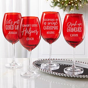 Christmas Puns Engraved Red Crystal Wine Glasses