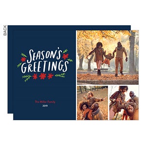 Seasons Greetings Floral 3 Photo Premium Holiday Card - Set of 15
