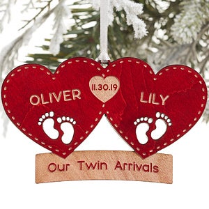 Twin Arrival Personalized Red Wood Christmas Ornament