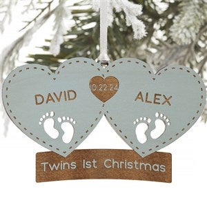 Twin Arrival Personalized Blue Wood Christmas Ornament