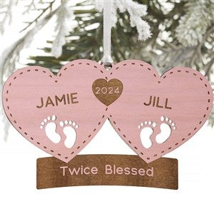 Twin Arrival Personalized Pink Wood Christmas Ornament
