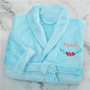 Floral Embroidered Short Aqua Fleece Robe