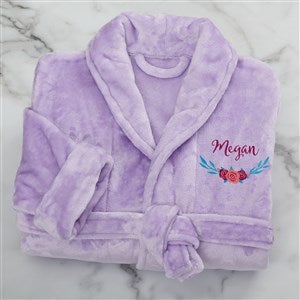 Floral Embroidered Short Purple Fleece Robe