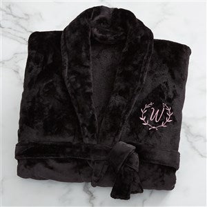 Floral Wreath Embroidered Luxury Black Fleece Robe