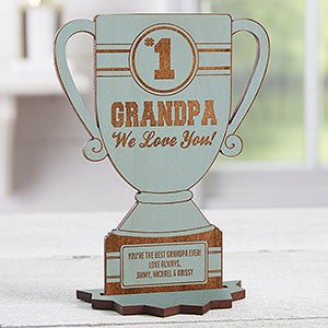 #1 Grandpa Personalized Blue Stain Wood Trophy Keepsake