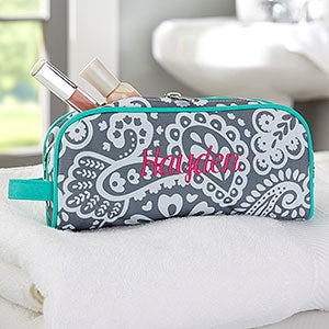 Custom Embroidered Teal Paisley Cosmetic Bag