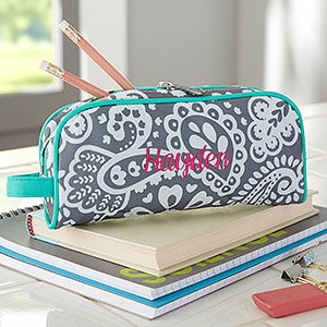 Custom Embroidered Teal Paisley Pencil Case