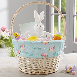 Floral Print Personalized Natural Easter Basket with Folding Handle - #23378