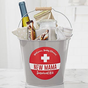 New Mom Survival Kit Personalized Silver Metal Bucket