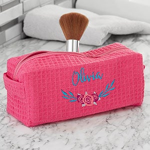 Floral Personalized Pink Waffle Weave Makeup Bag