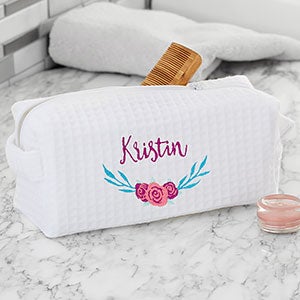 Floral Personalized White Waffle Weave Makeup Bag