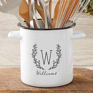Farmhouse Floral Personalized Enamel Kitchen Utensil Holder - in White (Edlund)