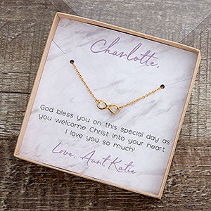 First Communion Gold Infinity Necklace With Personalized Display Card