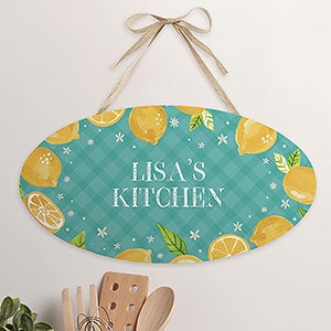 Mellow Yellow Lemon Personalized Turquoise Oval Wood Sign