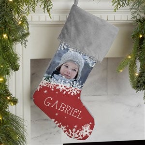 Snowflake Personalized Grey Christmas Photo Stocking