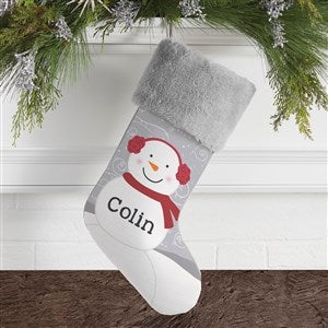 Snowman Family Personalized Grey Faux Fur Christmas Stocking