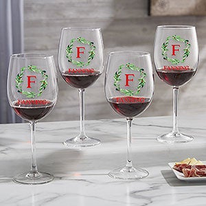 Holiday Wreath Monogram Christmas Red Wine Glass