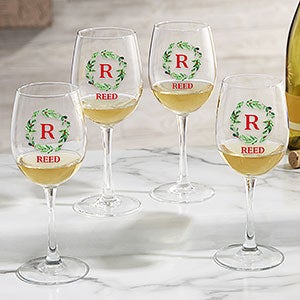 Holiday Wreath Monogram Christmas White Wine Glass