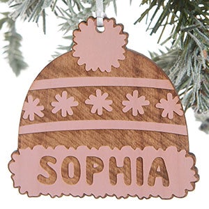 Family Winter Hat Engraved Pink Stain Wood Ornament