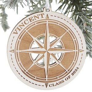 Wood Compass Engraved Ornament- Whitewash - #24816-W