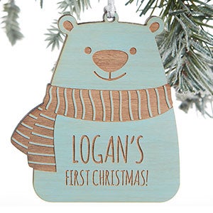Baby Bear Personalized Blue Stain Wood Ornament