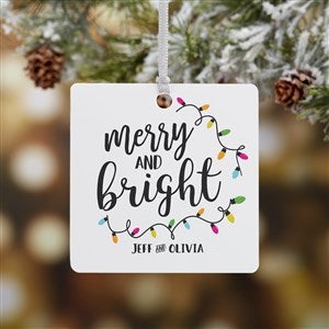 Merry & Bright Personalized Square Ornament  -  Metal - 1 Sided