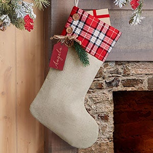 Red Plaid Evergreen Personalized Stocking - Red Maple Wood Tag