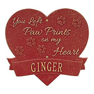 Paw Print Heart Personalized Pet Memorial Plaque - Red & Gold