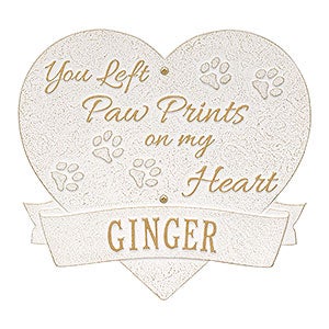 Paw Print Heart Personalized Pet Memorial Plaque - White & Gold