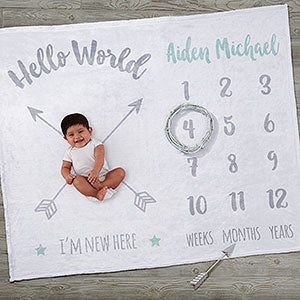 Hello World Monthly Milestone Personalized Baby Fleece Blanket