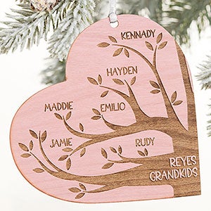 Family Tree Personalized Pink Stain Wood Heart Ornament