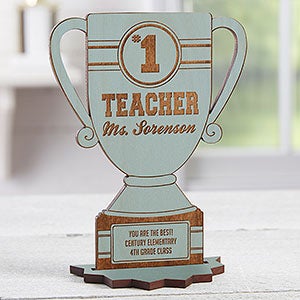 #1 Teacher Personalized Trophy Wood Keepsake - Blue Stain