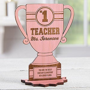 #1 Teacher Personalized Trophy Wood Keepsake - Pink Stain