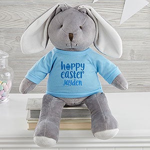 Hoppy Easter Personalized Plush Grey Bunny - Blue Shirt