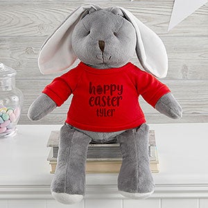 Hoppy Easter Personalized Plush Grey Bunny - Red Shirt