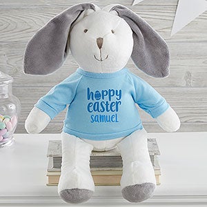 Hoppy Easter Personalized Plush White Bunny - Blue Shirt