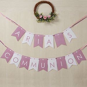 Modern Cross Girl Communion Personalized Bunting Banner - 32 Flags