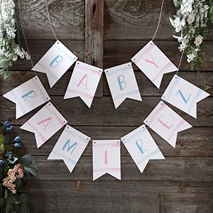 He or She Balloons Personalized Gender Reveal Bunting Banner - 32 Flags