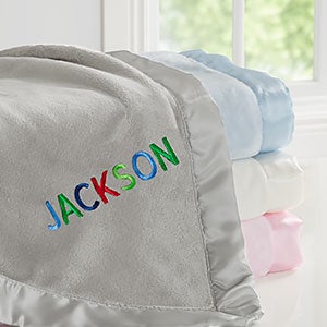 Rainbow Name Embroidered Grey Satin Trim Baby Blanket