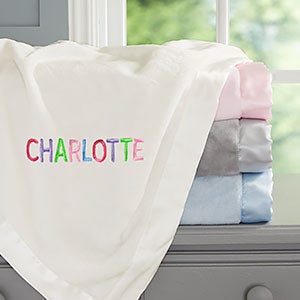 Rainbow Name Embroidered Ivory Satin Trim Baby Blanket