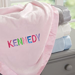 Rainbow Name Embroidered Pink Satin Trim Baby Blanket